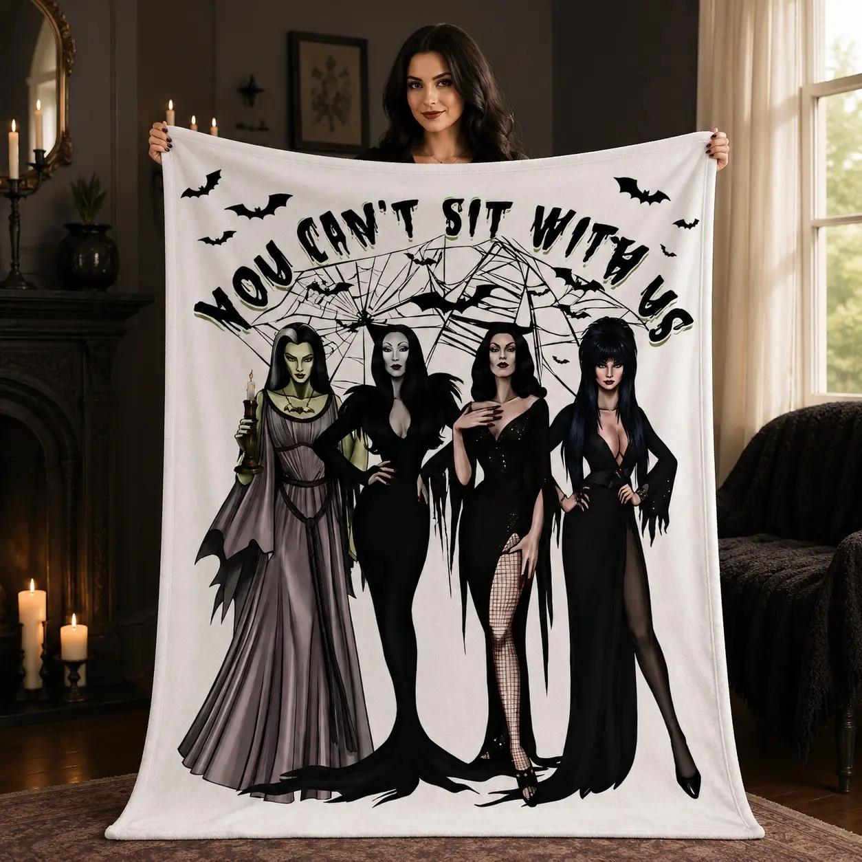 1pc Retro Gothic Dark Witch Group Print Fleece Blanket, White Base Classic Movie Witches Spider Web Bat Trendy Slogan Hand Drawn Portrait Pattern, Cold Gorgeous Dark Gothic Horror Movie Fan Style, Multiple Styles Available. Soft Warm Cozy Nap Throw, Multi