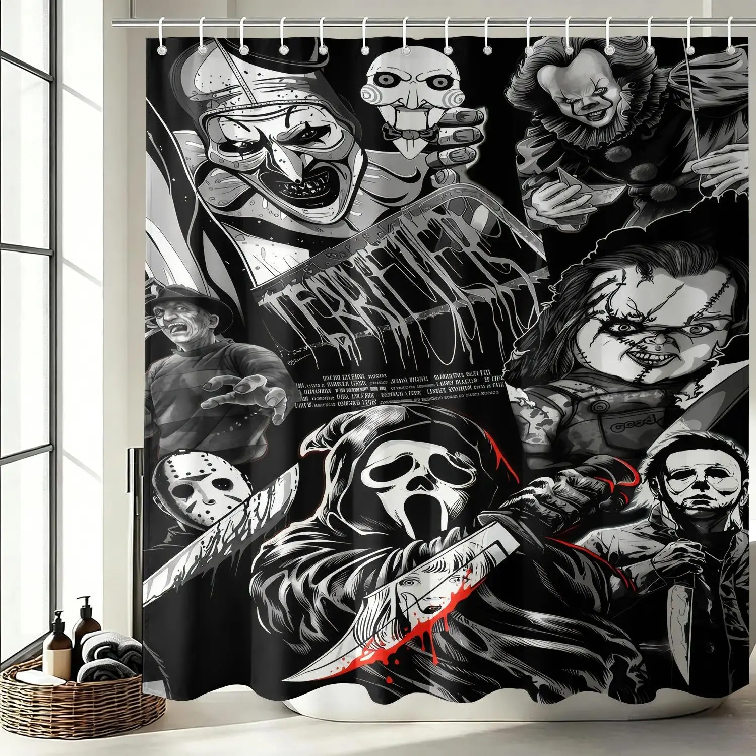 Classic Horror Movie Villain Black-White Dark Bath Curtain-Waterproof Anti-Mold Oxford Fabric 72 Inch with 12 Hooks-No-Drill Easy Install-Privacy Shield Shower Curtain-Ideal for Home/Dorm Bathroom Decor