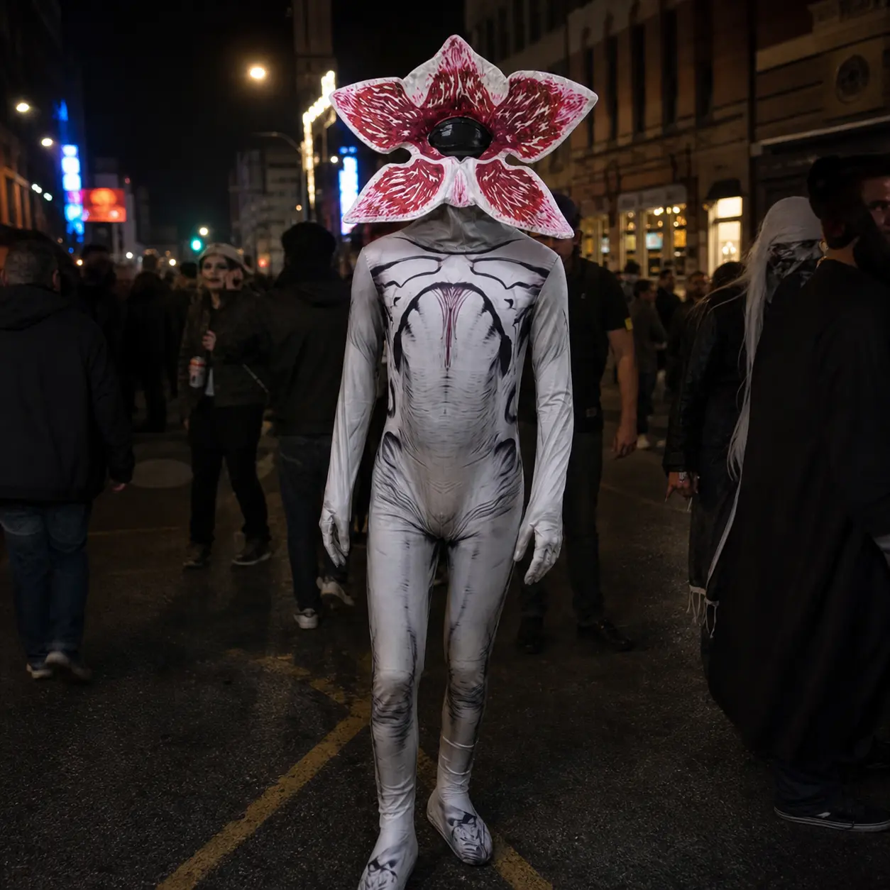 Unisex Flower Head Monster Cosplay Costume for Adults |   Creepy Spandex Zentai Bodysuit Halloween Outfit |   Sci-Fi Horror TV Show Inspired Flower Face Jumpsuit