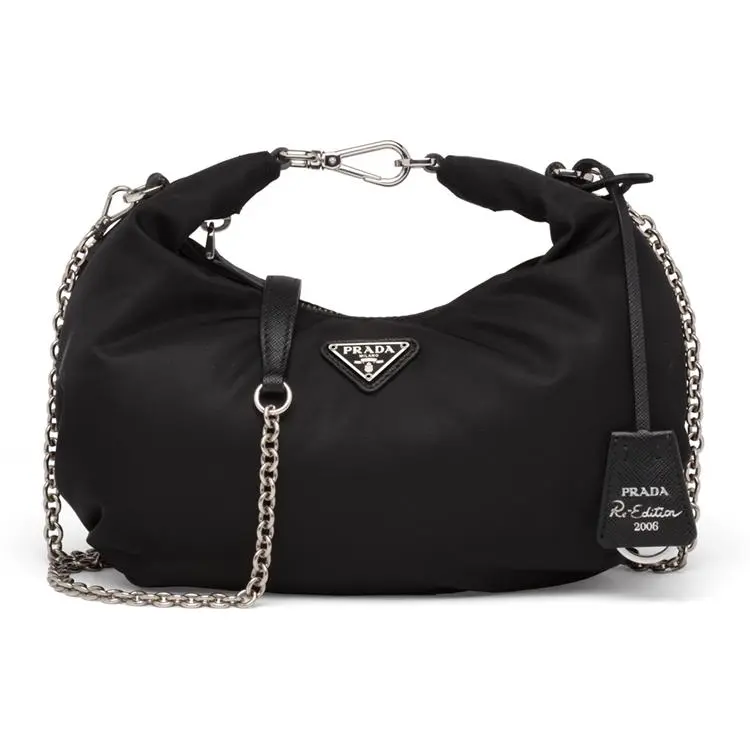Prada Re-Edition 2006 Nylon Tote Bag for Women with Triangular Logo and Zip Closure in Black