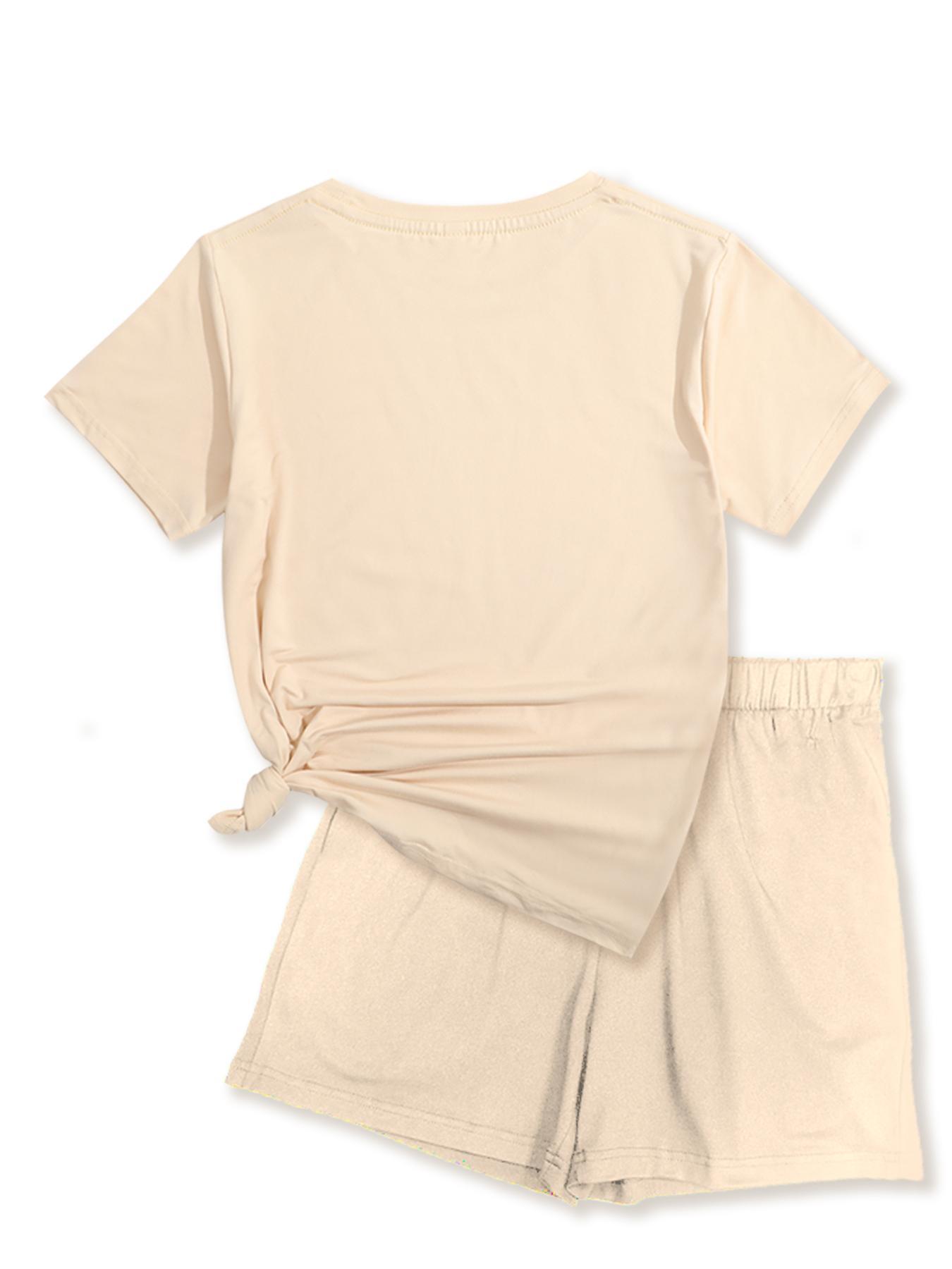 Two-Piece Set Women's Heart Print Tee & Shorts, Casual Fitted Short Sleeve Crewneck T-shirt & Skinny Shorts, Ladies Summer Clothes for Daily Wear