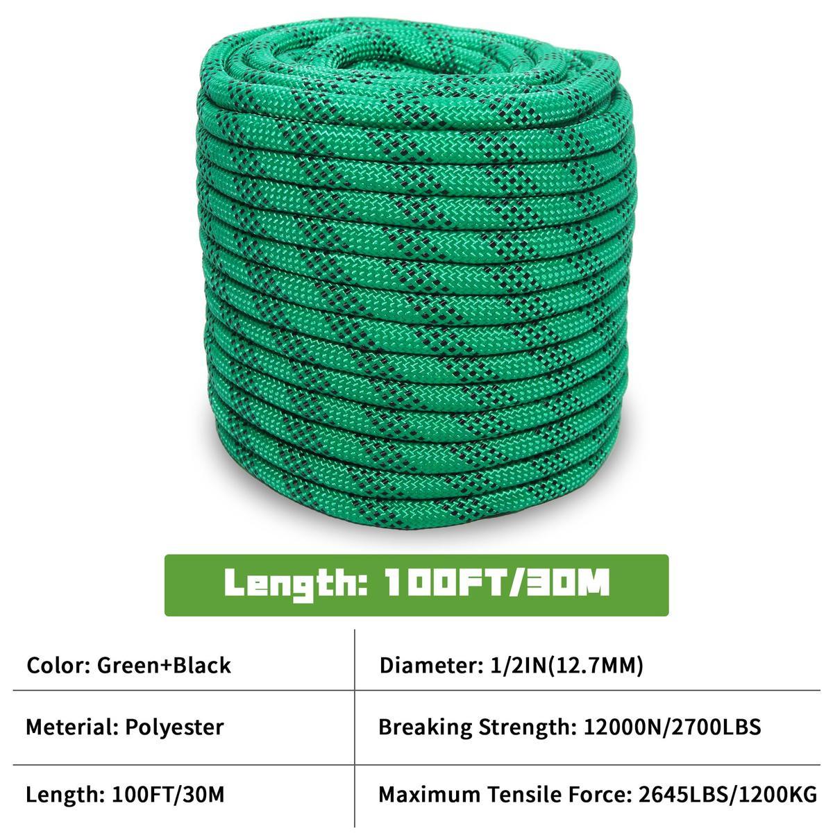 1/2 Inch 100ft/150ft/200ft Double Braided Polyester Arborist Rope, Heavy Duty Nylon Rope for Anchor, Tree Work, Cargo, Pulling, Sailing