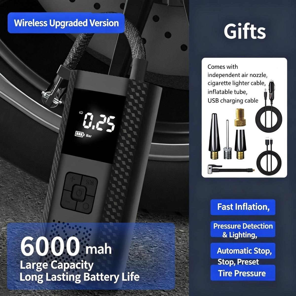 Portable Cordless Tire Inflator, 12V Wireless Car Air Pump with Digital Display, Rechargeable Battery Powered Tire Inflator with Power Bank Function Reusable