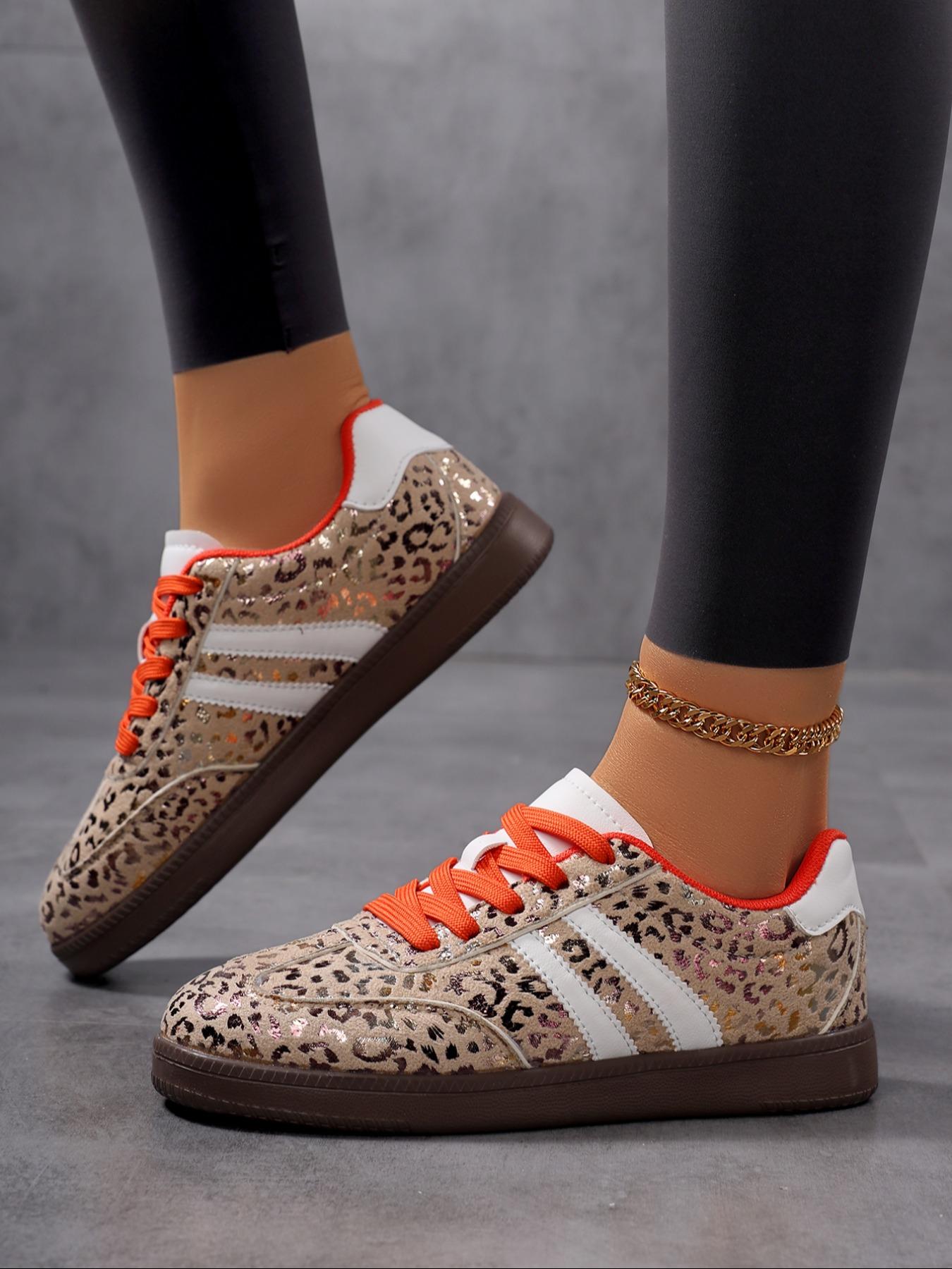 Size Runs Small, Size up1 size,Women's Leopard Print Lace-Up Flat Casual Shoes, Lightweight Comfortable PU Leather Sneakers for All Seasons, Daily Wear Outdoor Sports, Trendy Walking Sneaker