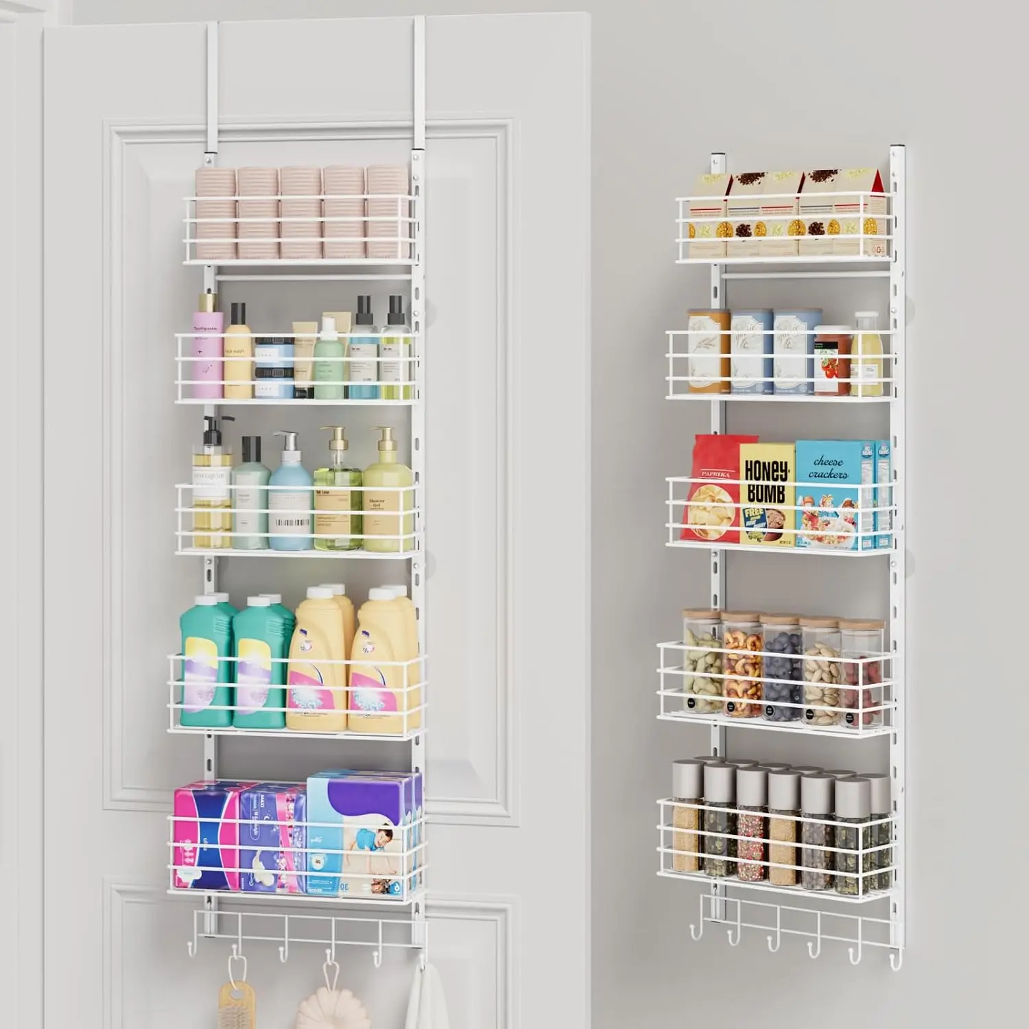 Over The Door Organizer - Door Organizer  with 5 Adjustable Metal Large Capacity Basket and 6 Coat Hook, Wall Mounted Shelf for Bedroom Closet Bathroom Laundry Pantry Cabinet Kitchen