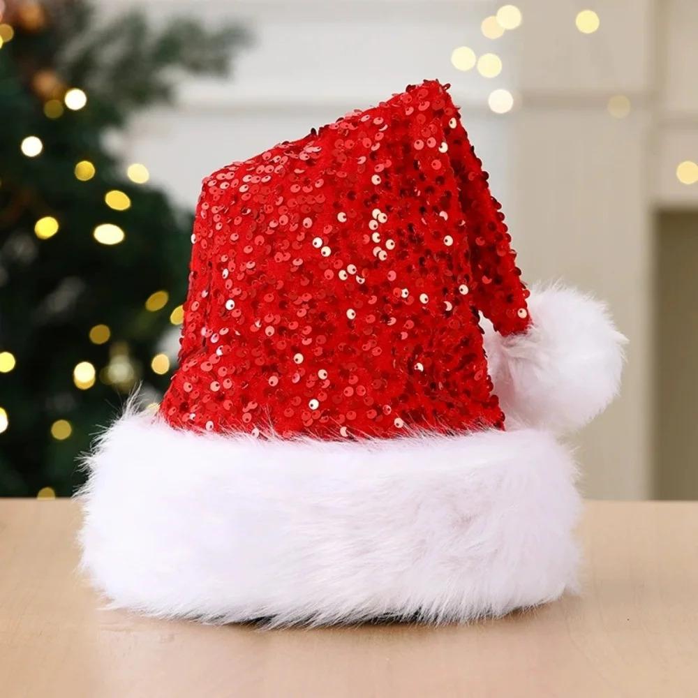 Sequin Christmas Hat Plush Solid Color Sparkle Santa Claus Hat with Long Fluffy Pompom For Adult Kids Christmas Party Decoration