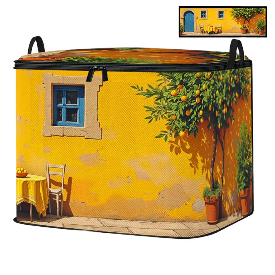 Upgraded 2D flat large-capacity storage organizer box in Mediterranean sunshine style – storage bin for all-season clothes, quilts and pillows, foldable storage bags for quilts and garments, durable non-woven fabric organizer pouches with reinforced zippe