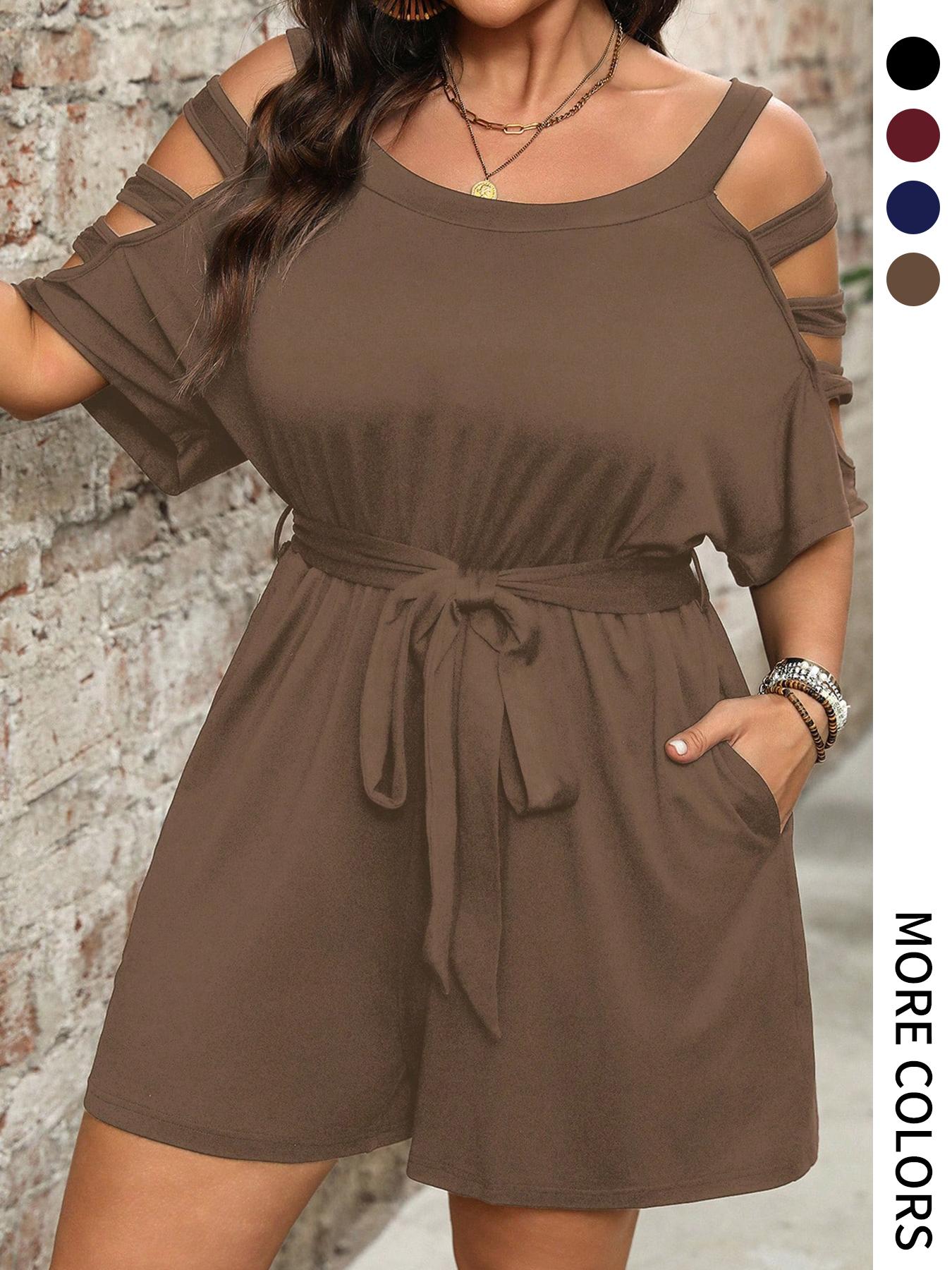 【Plus Size】 Solid Color Basic Romper, Casual Pocket Romper for Summer, Women's Clothes for Daily Wear