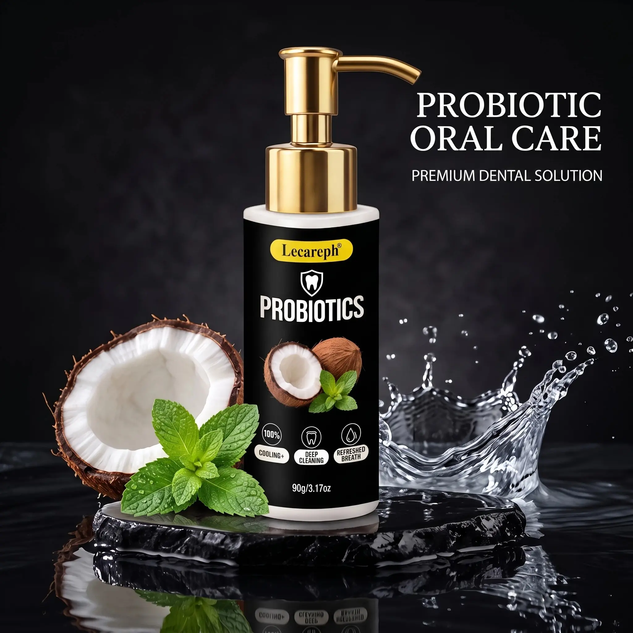 【Lecareph】Probiotics Toothpaste, Fluoride-Free Coconut Mint Formula | Deep Cleaning for Fresh Breath & Oral Care, 90g Pump