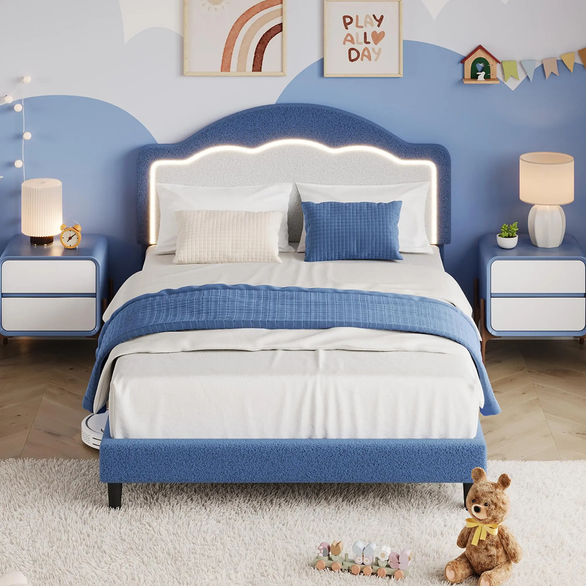 Garvee Twin Bed Frame - Boucle Fabric Upholstered Platform Bed with LED Headboard, Wooden Slats Support, No Box Spring Needed, Blue