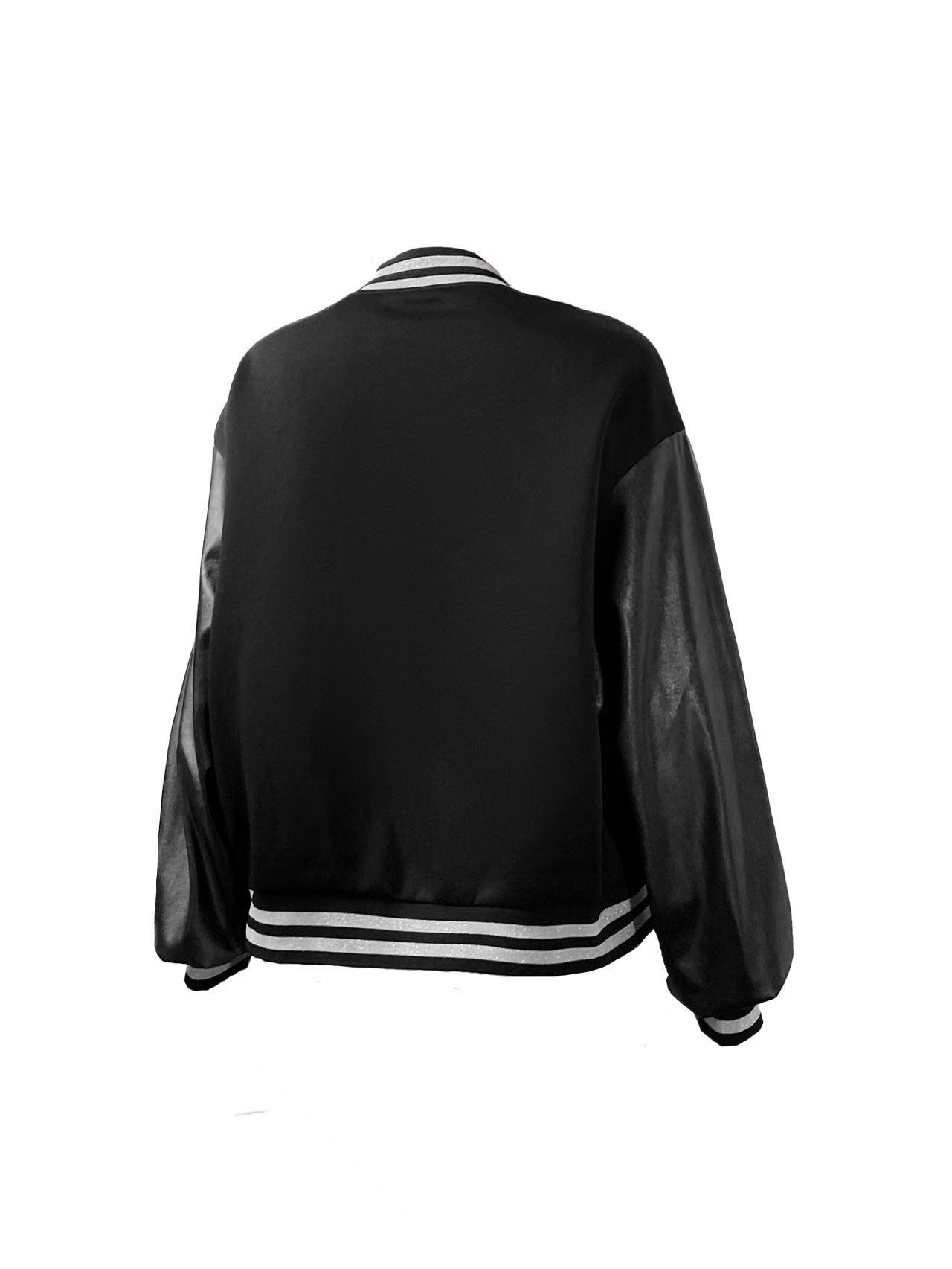 Women's black and white jacket, spring and autumn style, letter print casual coat, loose and fashionable trendy top