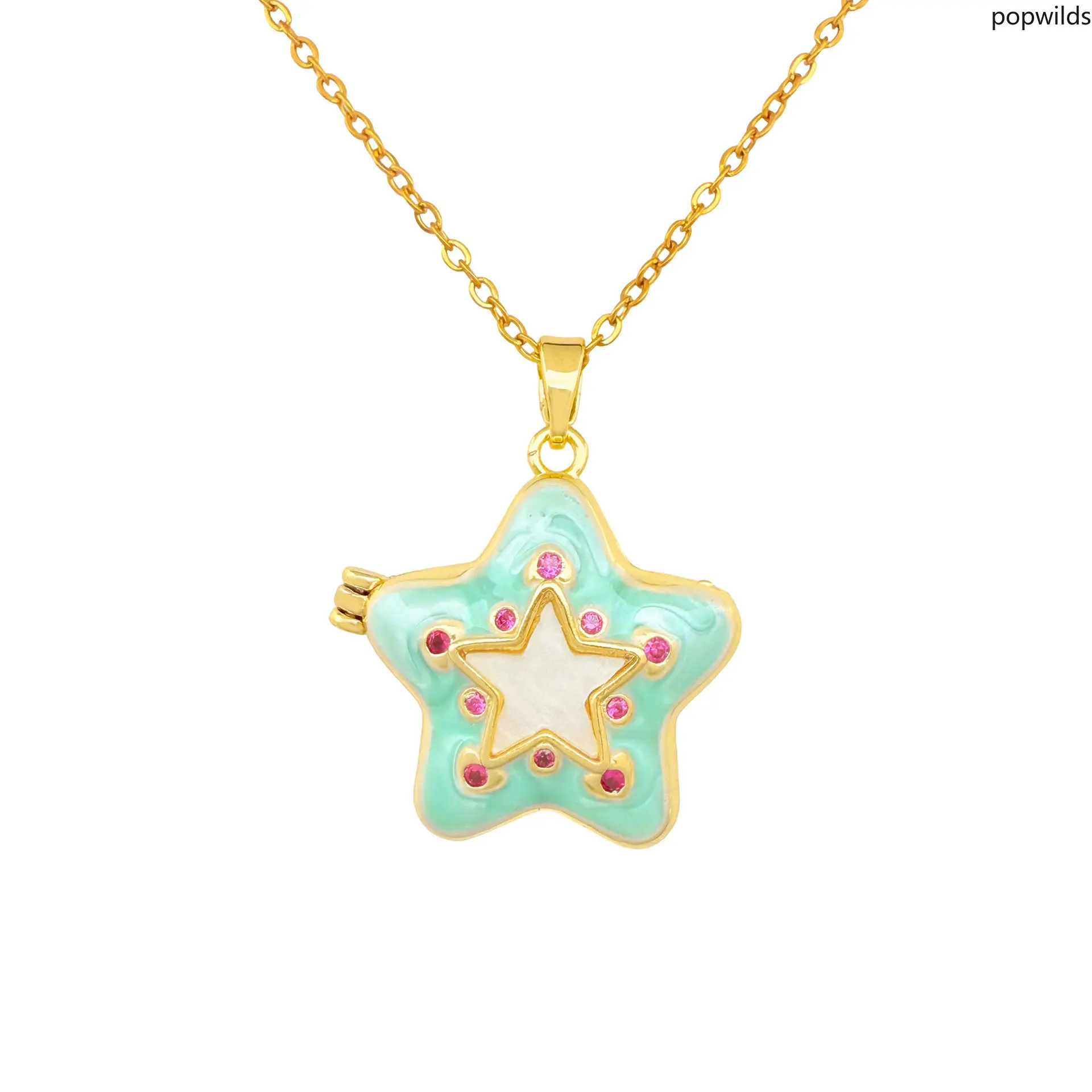 Vintage Enamel Star Openable Locket Necklace, Gold Diamond‑Inlaid Sweet Niche Photo Box Collarbone Chain for Women Jewelry Gift