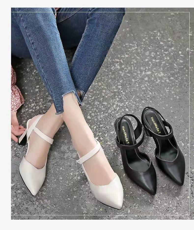 34 42 Soft Leather High Heel Women Summer Pointed Toe Closed Toe Versatile Chunky Heel Strap Sandals for Mothers