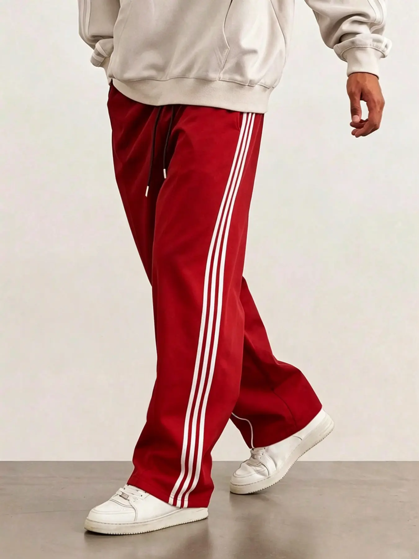 Unisex Red 3-Stripe Oversized Wide Leg Drawstring Athletic Track Pants American Vintage Athleisure Casual Trousers