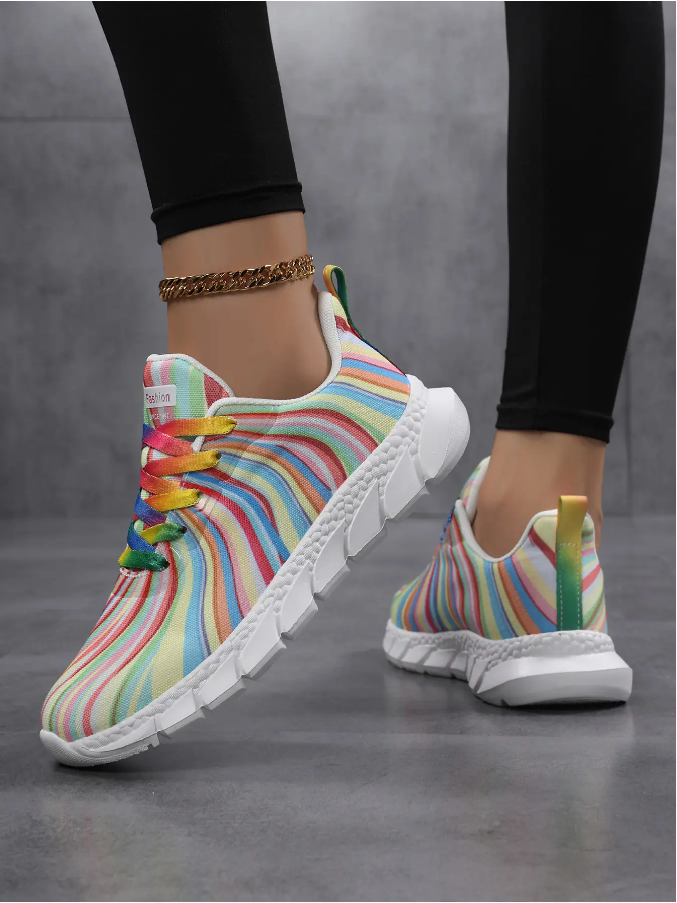 Women's Rainbow Gradient Lace-Up Sneakers Comfortable Flat Casual Fashion Shoes for Daily Wear