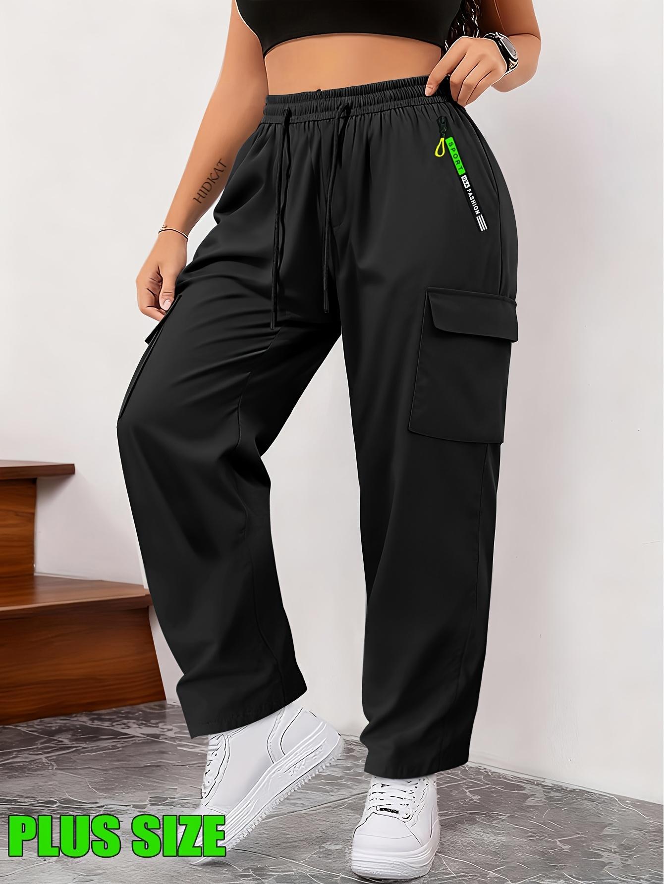 Large women's multi pocket zipper workwear casual sports pants Drawstring elastic waist breathable outdoor hiking straight leg pants Fat mm loose slimming workwear style fitness running pants