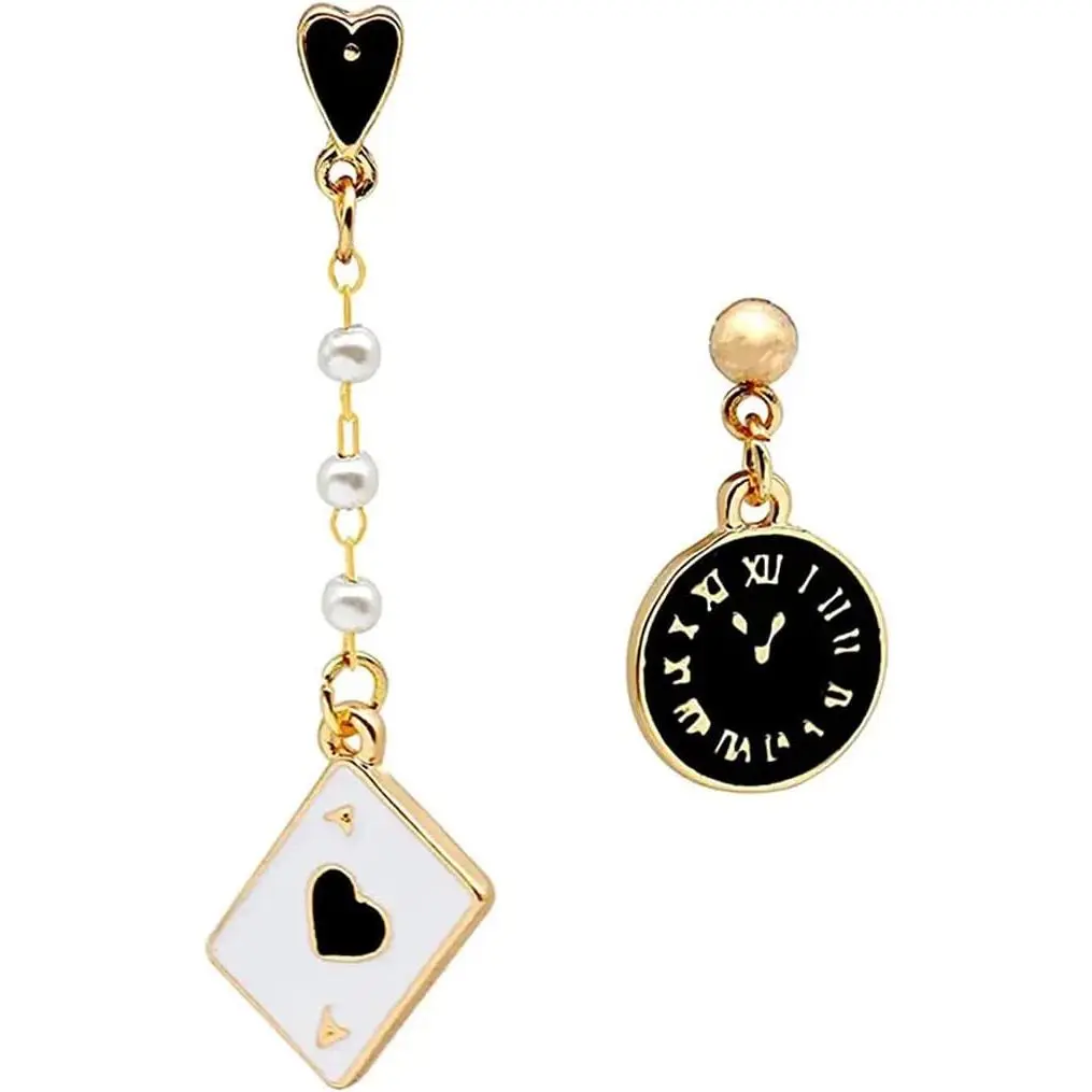 1-8Pairs Mini  Little  Playing Cards Earrings Clock Hearts Dangle Earrings Clubs Spades Drop Earrings for Women Party - black