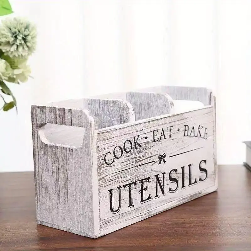 Wooden Kitchen Utensil Rack with 3 Shelves, Farmhouse Style Storage Organizer, Rustic Cooking Tools Holder, Countertop Decor