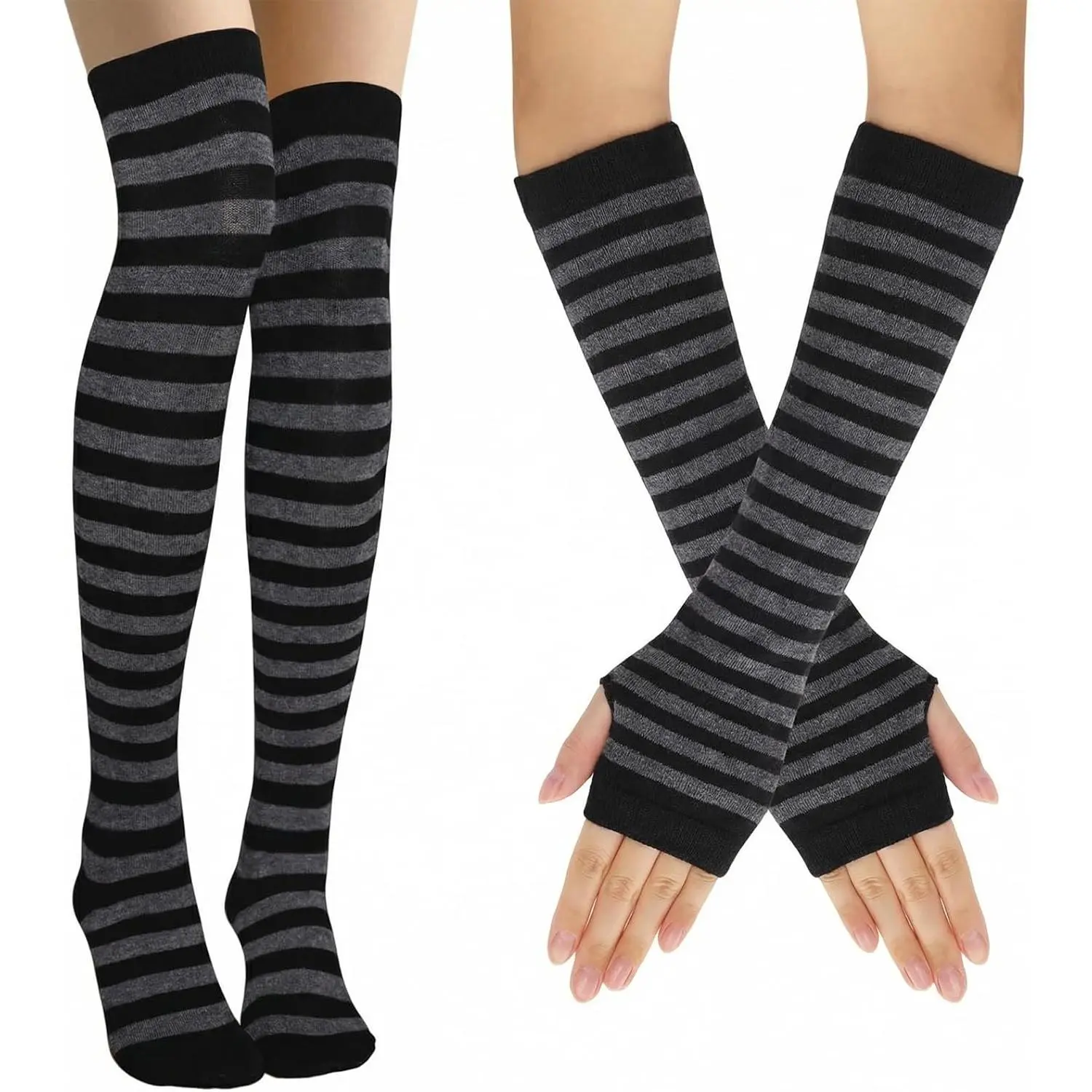 Women Socks Striped Knee High Socks Leg Arm Warmer Fingerless Gloves Set Halloween Cosplay