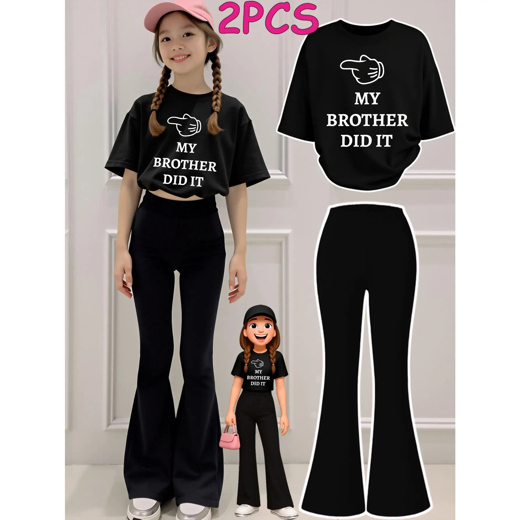 2pcs Tween Girls Clothes T-Shirt Set My Brother Did It Print Girl Clothes Short-Sleeved Round Neck T-Shirt Bell Bottom Pants Set Perfect for Outdoor Kids Clothes