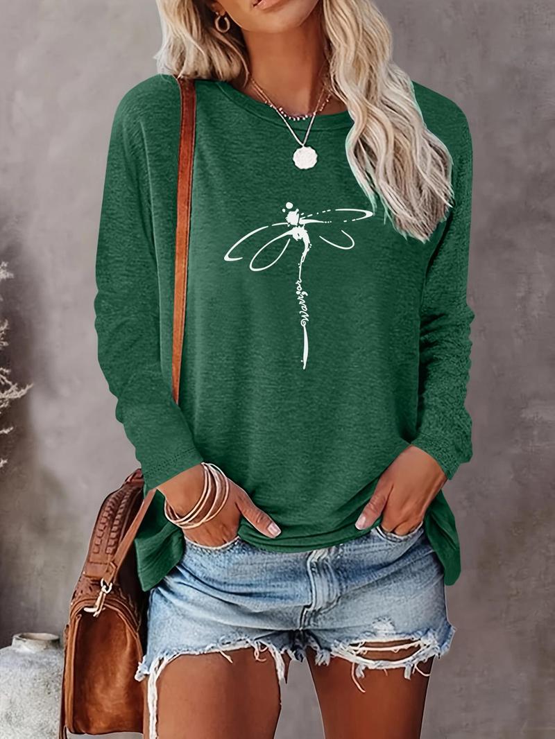 Women's Dragonfly Print Round Neck Tee, Casual Comfort Long Sleeve Crew Neck T-shirts for Summer, Fashion Women's Top for Daily Wear
