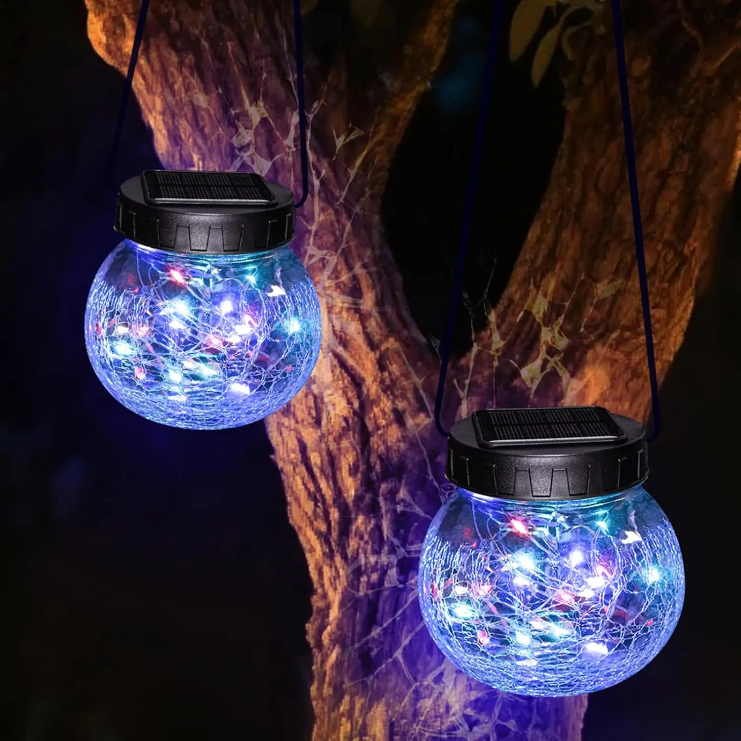 2 Pack Solar Lantern Outdoor Lights, Multi-Coloured Solars Lanterns with 30 LED, Crackle Glass Ball   Solar Lights for Garden Decor Patio Fence Yard Christmas Tree Decoration