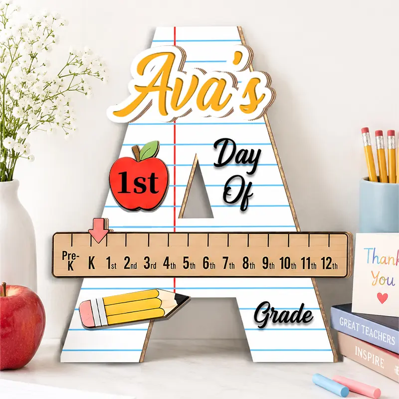 Personalized First Day Of School Grade Tracker Sign Custom Name Initial Letter Wooden School Photo Prop With Sliding Grade Ruler Pencil Apple Design For Back To School Photos Desk Room Decor Gift For Students Parents Teachers And Grandparents