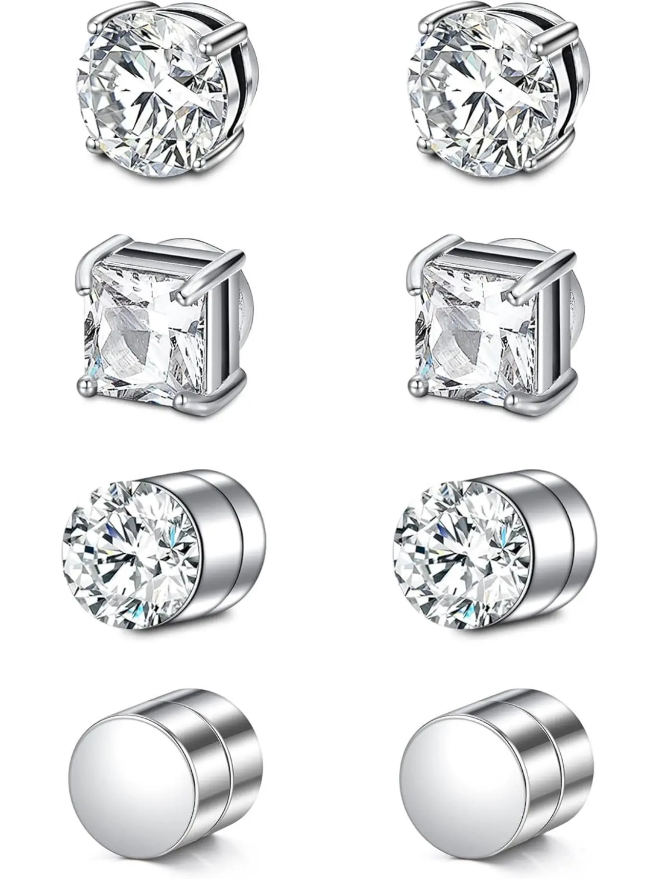 Magnetic Stud Earrings - Non Piercing Fake Clip On Earring Stainless Steel Hypoallergenic Magnet Ear Rings for Men Women, Fashion Cubic Zirconia Design Silver/Black Styles Not Easy to Fall off