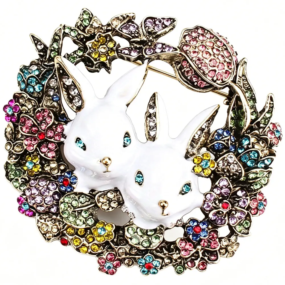 Retro Literary Creative Design Bunny Rabbit Brooch in Garland