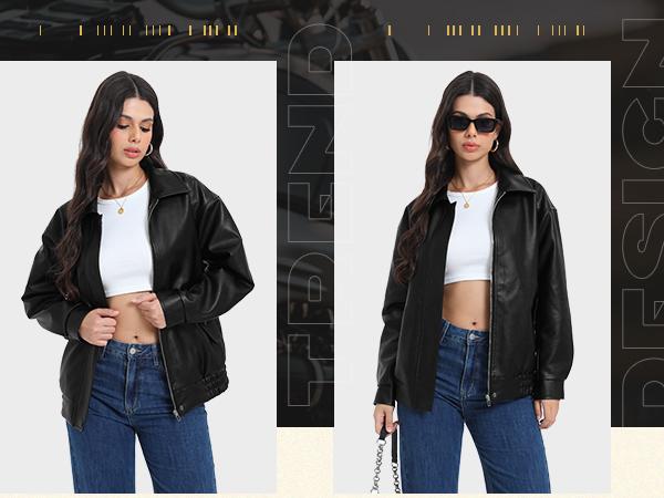 Casly Lamiit Women's Faux Leather Jackets Long Sleeve Zipper Oversized Motorcycle Biker Coat Trendy Travel Casual Outfits Stand Collar Multiple Colors Outerwear Wind & Water-Resistant Premium Faux Leather leather jacket women