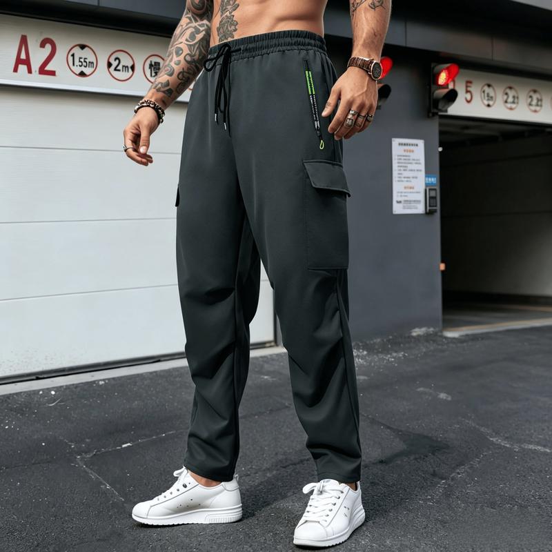 Men's Breathable Lightweight Outdoor Sport Work Pants - Elastic Waistband, Hidden Zipper, Safety Pocket, Embroidery, Normal Type, All Seasons Casual Pants for Daily Hiking, Mountaineering