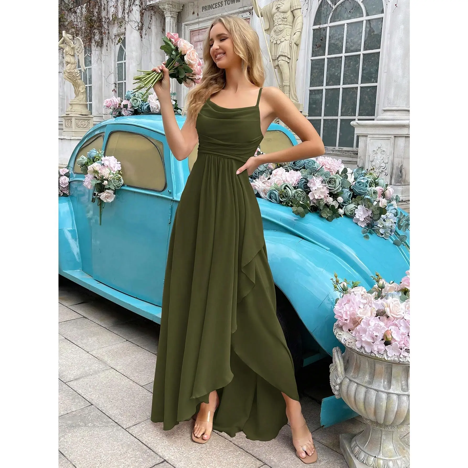 Women's Elegant Light Chiffon Formal Wedding Bridesmaid Dress - Spaghetti Halter Cowl Neck, Asymmetric Hem, Solid Color Skirt, Fashion Long Gown for Weddings, Formal Events