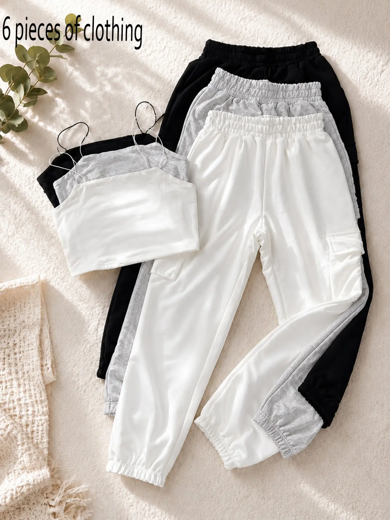 All Season 6 Pieces Multi Color Matching Cami & Cargo Jogger Sweatpants Set Stretch Soft Knit Loungewear Outfit Pajama Set great for indoor layering night casual hangouts errand runs home sleepwear and versatile everyday comfy wardrobe staples