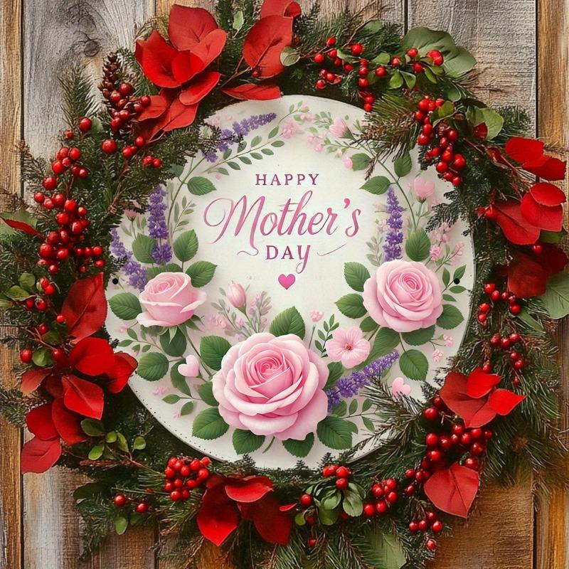 Happy Mother's Day Round Iron Wreath Sign, Vintage Floral Design with Pink Roses and Green Leaves, Easy To Hang for Indoor/outdoor Decoration - A Perfect