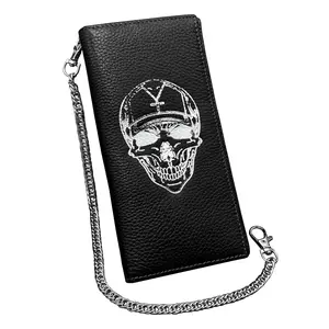Long Leather Skull Wallet For Men With Chain Punk Money Purse Boy Gift