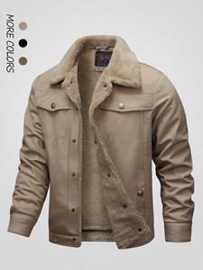 men's solid button front pocket fleece jacket, regular fit casual long sleeve  thermal lined collared outerwear for winter, men's clothes for daily wear