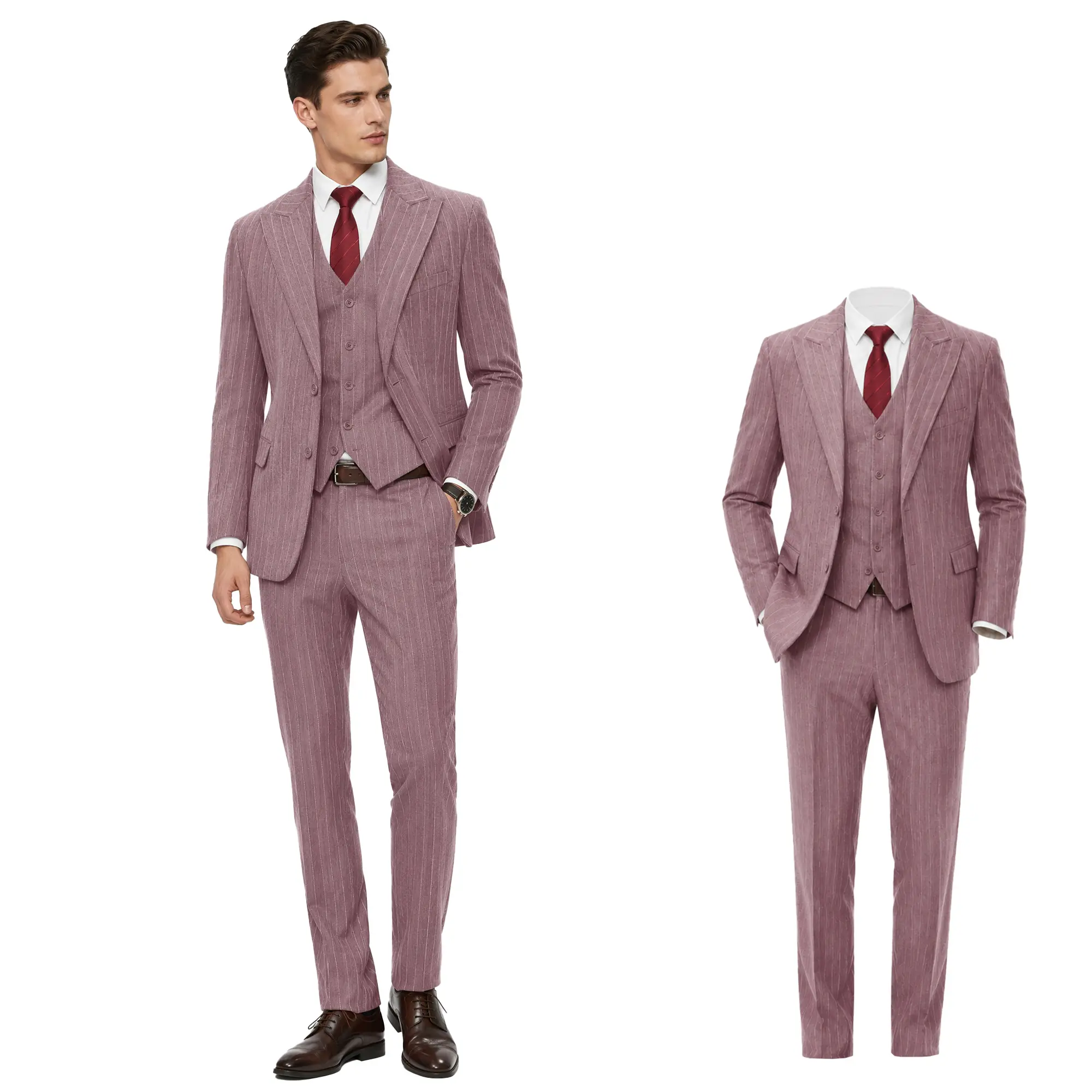 Men's 3-Piece Pinstripe Business Suit Set - Two-Button Blazer, Vest, Slim Pants | Executive Style Formal Outfit for Office, Meetings & Events | Menswear Workwear Long Sleeve Plain Beige Peach