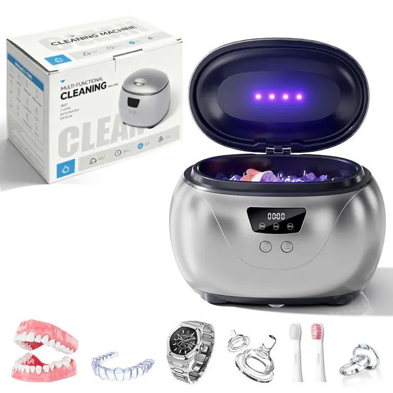 Portable Denture & Retainer Cleaner - High-Frequency Vibrating with 3 Modes USB, 3-Piece Set Includes Drain Basket & Tweezers, Deep Clean for Aligners Jewelry Glasses Watches