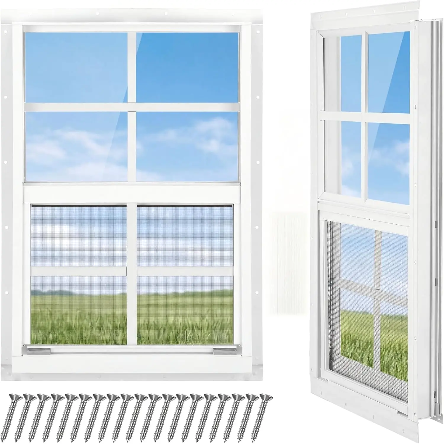2 Pack 12''x18'' Shed Windows, Small Sliding Windows, White Flush Mount Pack with Tempered Glass and Screen Household with Screws for Shed, Garage, Chicken Coop, Barns, Playhouse