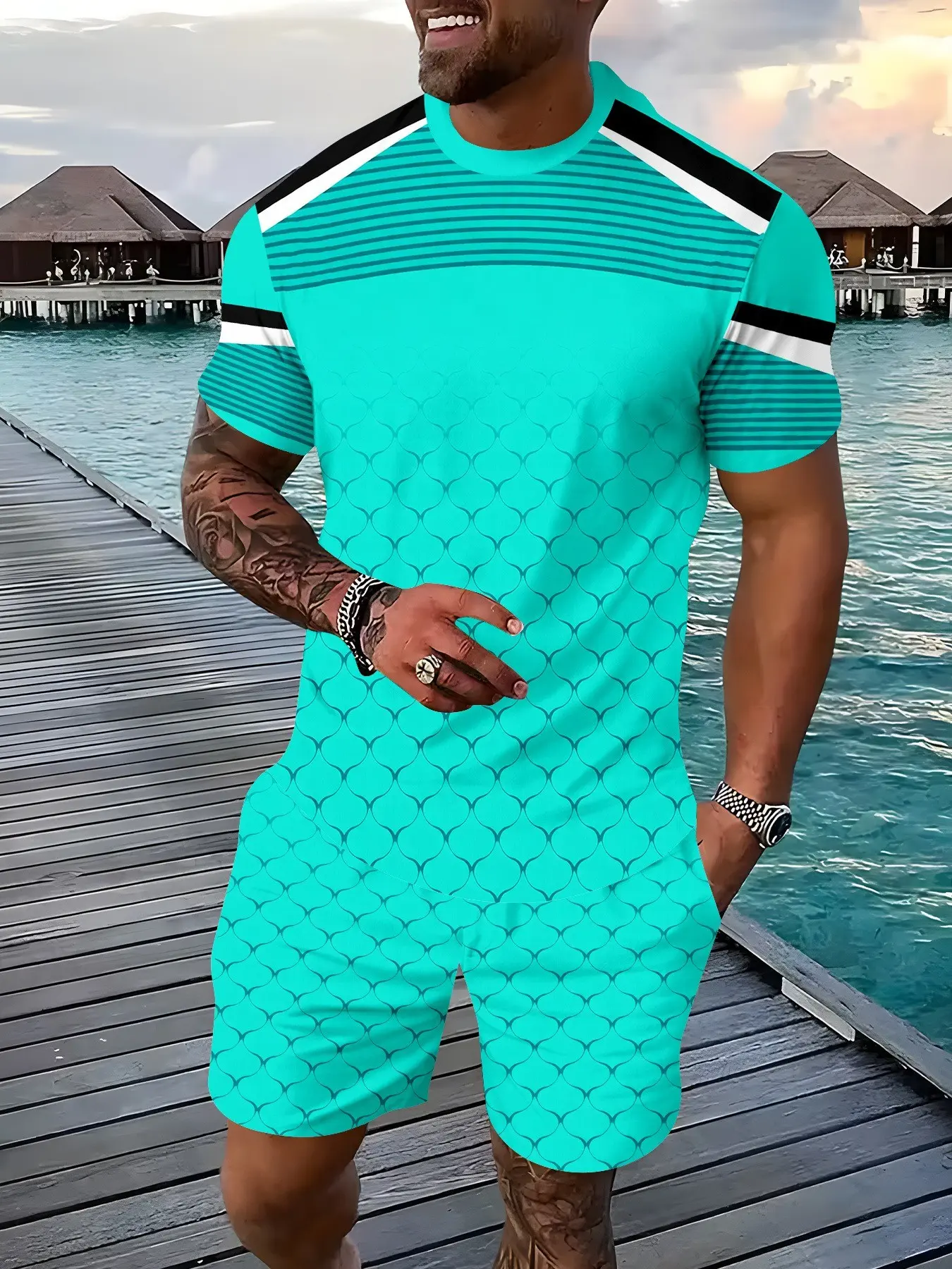 Men's contrasting splicing sports suit, simple ripple dark pattern, suitable for both home and outdoor wear, Casual Sporty Set