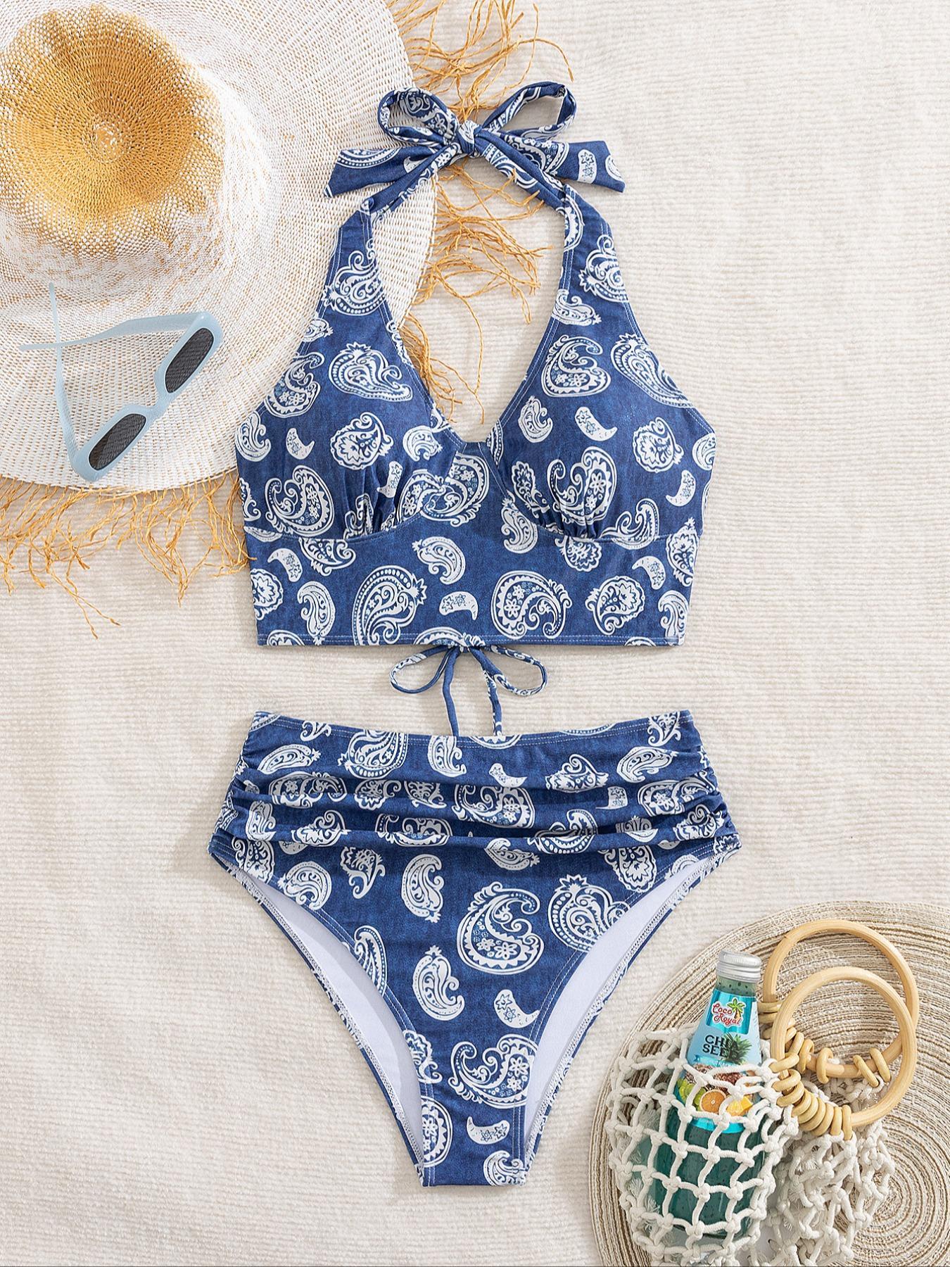 Two-piece Set Women's Butterfly & Floral Print Lace Up Bikinis Set, Casual Halter Neck Backless Swim Top & High Waist Swim Panty, Ladies Summer Swimwear for Beach, Swimsuits Women, Swimsuit Style, High Waisted Swimsuit, Bikini Sets