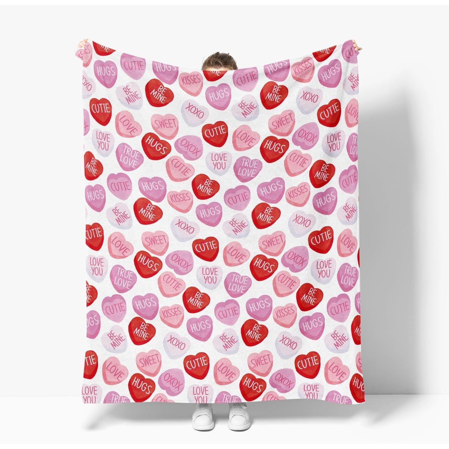 Valentine Flannel Blanket Throw, Pink Hearts with Words Soft Fuzzy Plush Cozy Fleece Blankets for Couch Sofa Bed Lounging, Ideal Gifts for Kids Adults Wife Self, 50x60