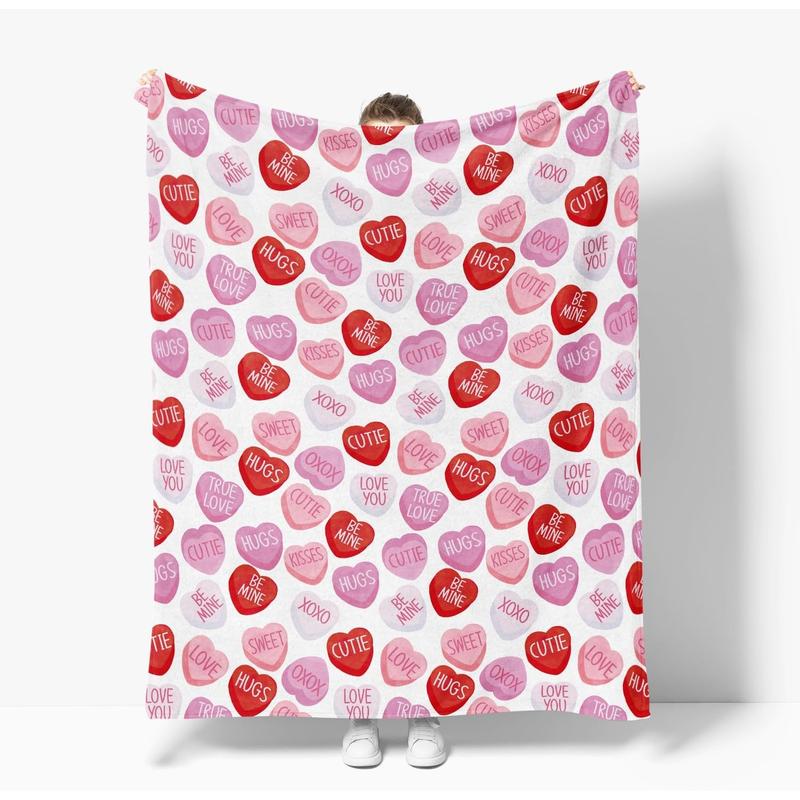Valentine Flannel Blanket Throw, Pink Hearts with Words Soft Fuzzy Plush Cozy Fleece Blankets for Couch Sofa Bed Lounging, Ideal Gifts for Kids Adults Wife Self, 50x60