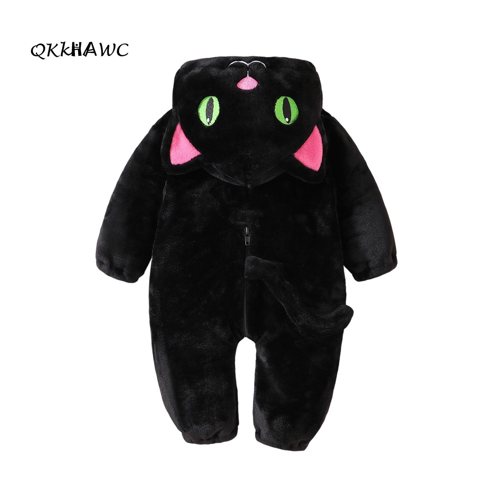 Baby Black Cat Costume Winter Warm Long Sleeve Hooded Romper Cute Warm Infant Jumpsuit