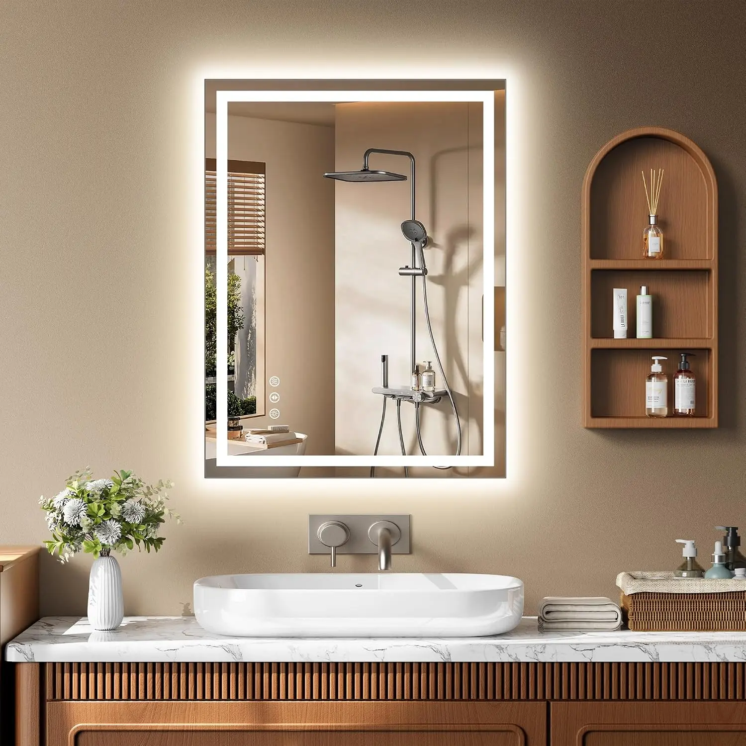 24x32 LED Bathroom Mirror Anti-Fog Dimmable Front&Backlit 3 Color Temp | Tempered Glass With Tri-Color Led, Anti-Fog Heating Tech,  Sensor,  Wall-Mounted For  Makeup Shaving