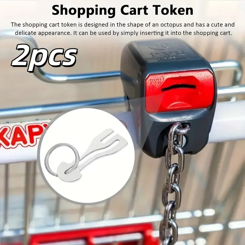 2 pieces of reusable portable stainless steel shopping cart tokens, shopping cart chain, suitable for supermarket shopping carts, the release key allows the shopping cart keychain to be detached