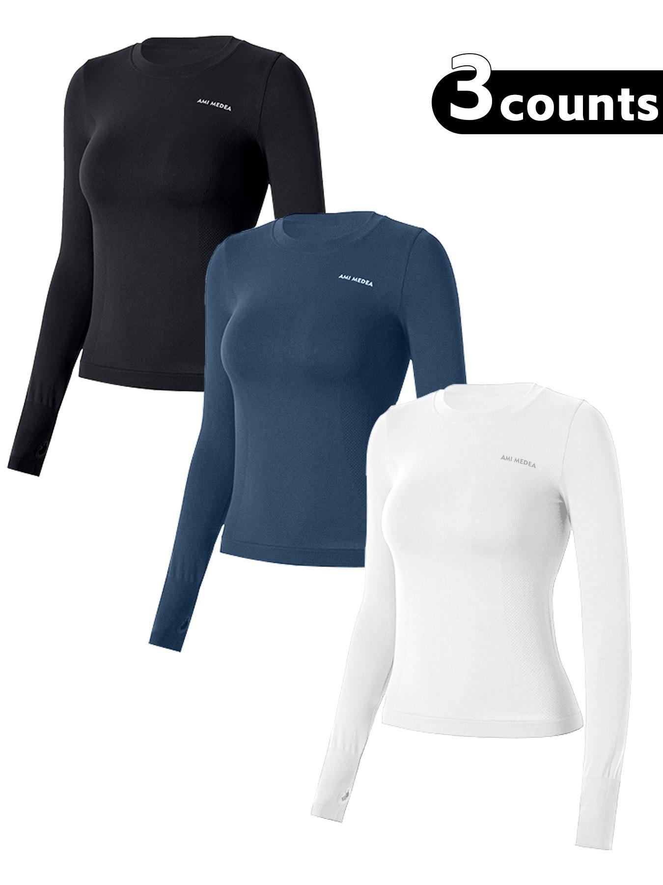 Women's Letter Print Thumb Hole Design Sports Tee, Quick Drying Breathable Round Neck Long Sleeve T-shirt for Gym Workout Running, Ladies Sportswear for All Seasons, Gym Tees, Sports Tops