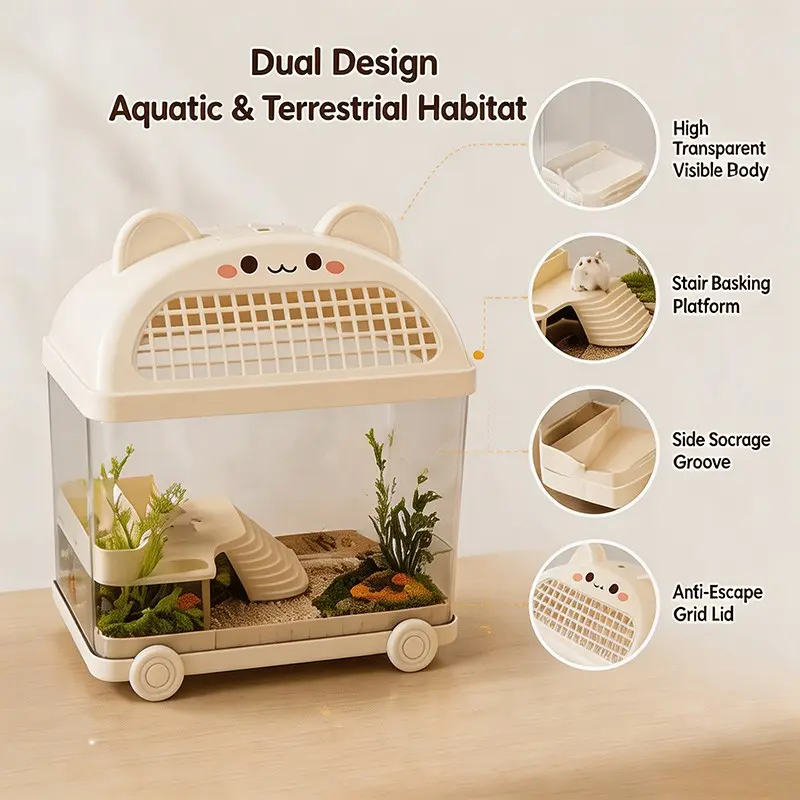 360° Transparent Fish Tank with Cat Ear Design, Portable Aquarium with Wheels, Breathing Lid, Ideal for Beginners and Office Use