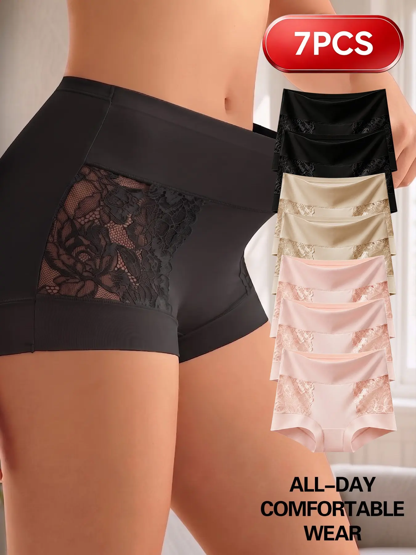 7pcs Breathable Lace Embroidered Boxers, Soft Comfortable Low Waist Women's Trunks, Panties, Ideal for Travel, Work, and Leisure