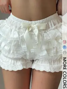 1Pc Women Non-Stretch Ruffle Lace Slip Skirt Shorts Bow Decor Lolita Tiered Bloomers Pants